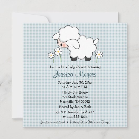 Baby Lamb Baby Douche Uitnodigingen Blue Gingham (Voorkant)