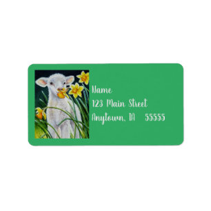 Baby Lamb en lentesaffodils Waterverf kunst Etiket