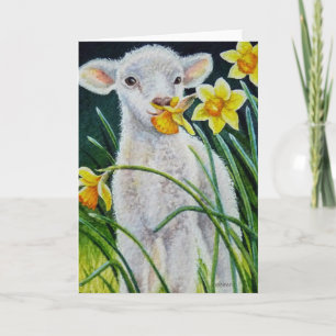 Baby Lamb en lentesaffodils Waterverf kunst Kaart