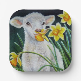 Baby Lamb en lentesaffodils Waterverf kunst Papieren Bordje