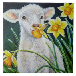 Baby Lamb en lentesaffodils Waterverf kunst Tegeltje