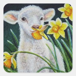 Baby Lamb en lentesaffodils Waterverf kunst Vierkante Sticker