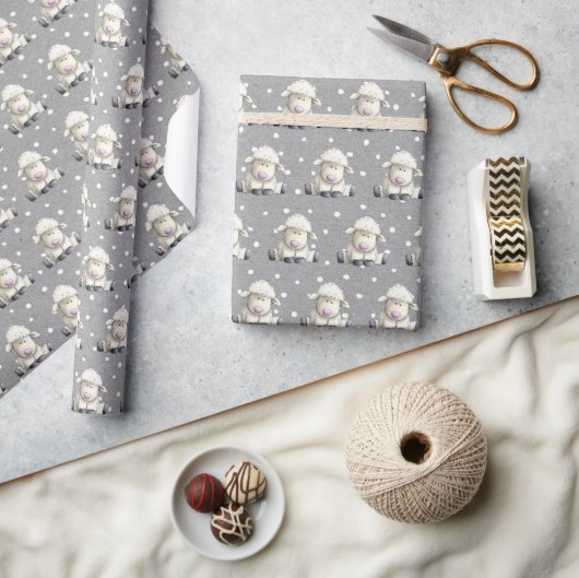 Baby lammeren op grijze Stippen Cadeaupapier (Crafts)