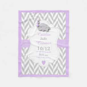 Baby Lavender Elephant Birth Keepomwille Design Fleece Deken