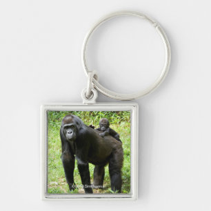 Baby Lowland Gorilla op moeders rug Sleutelhanger
