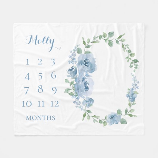 Baby Maanden Blauw Bloemstuk Met Monogram Fleece Deken (Voorkant (Horizontaal))