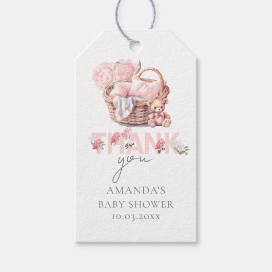 Baby mandje pastel roze gepersonaliseerd cadeaulabel (Voorkant)