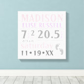 Baby Meisje Aankondiging, roze, paarse, grijs Canvas Afdruk (Insitu (Houten vloer))