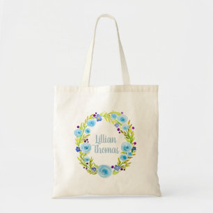 Baby Meisje Blauwe Waterverf Bloem Krans en Naam Tote Bag