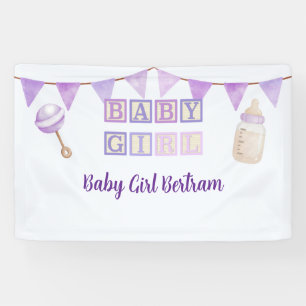 Baby Meisje Blokken, Paarse Waterverf Baby Shower Spandoek