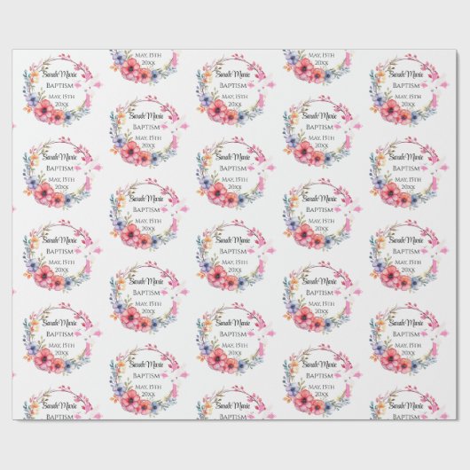 Baby Meisje Doop Naam Datum Roze Bloemen Cross Dov Cadeaupapier (Vlak)