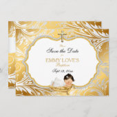 Baby Meisje Doop Opslaan Datum Goud Kruis Save The Date (Voorkant / Achterkant)