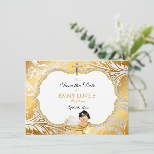 Baby Meisje Doop Opslaan Datum Goud Kruis Save The Date (Staand voorkant)