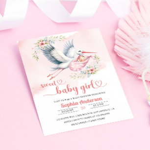 Baby Meisje Douche met Stork Illustratie – Elegant Kaart