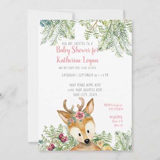 Baby Meisje Douche Woodland Bos Grijs Herten Bloem Kaart (Voorkant)