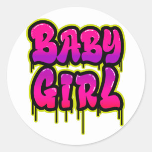 Baby Meisje Druppelend Woord Kunst Spuitverf Roze  Ronde Sticker