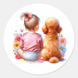 Baby Meisje en een Abrikozenpoedel Ronde Sticker