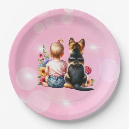 Baby meisje en haar puppy | Baby Shower Papieren Bordje (Voorkant)