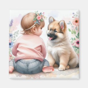 Baby Meisje en Puppy Roze Baby shower Magneet