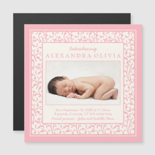 Baby Meisje Foto Damask Bloemen Aankondiging Geboo
