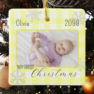 Baby meisje geel plaid sneeuwvlok eerste kerst keramisch ornament
