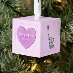 Baby Meisje Gepersonaliseerd Hart en Olifant Kubus Ornament