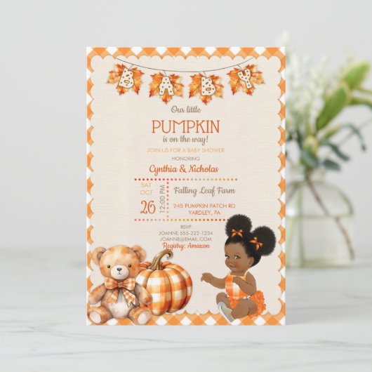 Baby Meisje Herfst Plaid Teddy Beer Pompoen Blader Kaart (Staand voorkant)