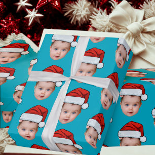 Baby Meisje Hoofd Gezicht Foto Santa Hat Xmas Blau Cadeaupapier