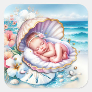 Baby Meisje in een Seashell Baby shower Vierkante Sticker
