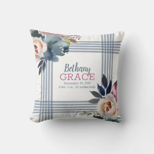 Baby Meisje Kwekerij Blauw Roze Waterverf Bloemen Kussen