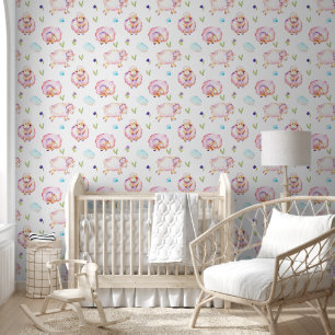 Baby Meisje Lammeren en Wolken Behang