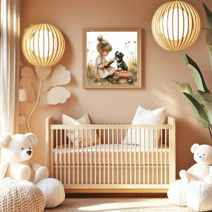 Baby Meisje Leest Zwart Witte Puppy Rode Paddensto Poster