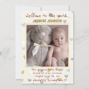 Baby Meisje met haar konijn Nieuwe Aankomst Aankondiging