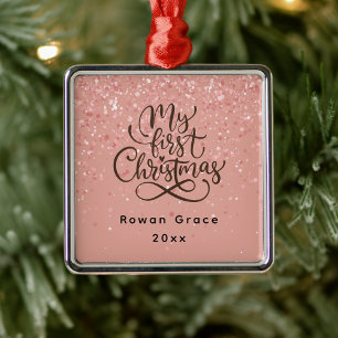 Baby Meisje Mijn Eerste Kerstmis Roze Sparkle Metalen Ornament