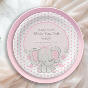 Baby Meisje Olifant Roze Stippen Sip See Bruiloft Papieren Bordje