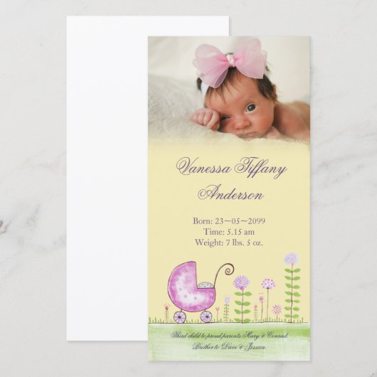 Baby Meisje Pram Geboorteaankondiging Fotokaart Aankondiging (Voorkant / Achterkant)