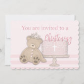 Baby Meisje Roze Doop Uitnodiging Cake Teddy Beer (Voorkant)
