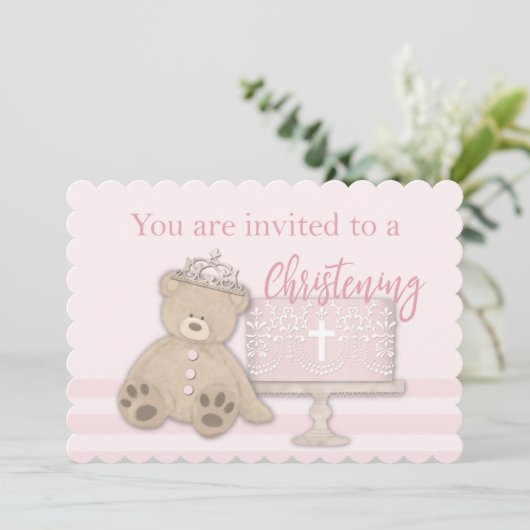 Baby Meisje Roze Doop Uitnodiging Cake Teddy Beer (Staand voorkant)