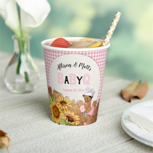 Baby Meisje Roze Gingham Zonnebloemen Baby Q BBQ P Papieren Bekers (Insitu)