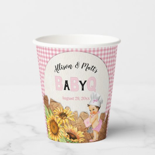 Baby Meisje Roze Gingham Zonnebloemen Baby Q BBQ Papieren Bekers (Voorkant)