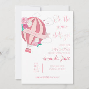 Baby Meisje Roze Hete Luchtballon Douche Uitnodigi Kaart