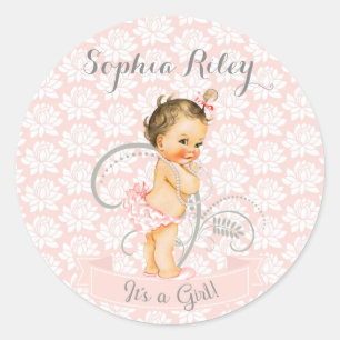 Baby Meisje Roze Wit & Grijs Ronde Sticker