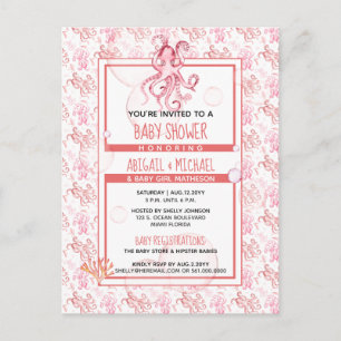 Baby Meisje Shower Koraal Roze Octopus Oceaan Leve Uitnodiging Briefkaart