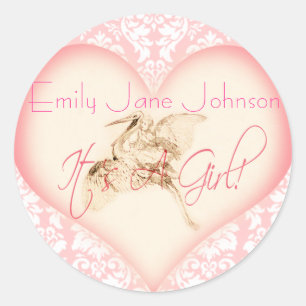 Baby Meisje Stickers met vintage Ooievaar