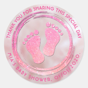 Baby Meisje Voetafdruk Glitterende Baby shower Fav Ronde Sticker