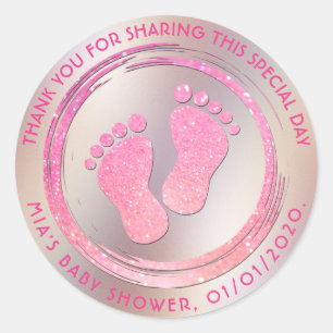 Baby Meisje Voetafdruk Glitterende Baby shower Fav Ronde Sticker