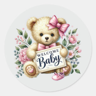 Baby meisje welkom beer ronde sticker