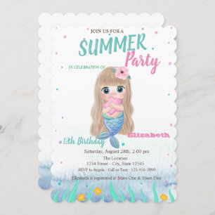 Baby Mermaid Seashells Birthday Party Invitation Kaart