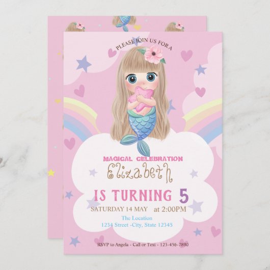 Baby Mermaid Stars Arc-en-ciel Invitation d'annive (Devant / Derrière)