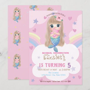 Baby Mermaid Stars Rainbow Birthday Uitnodiging